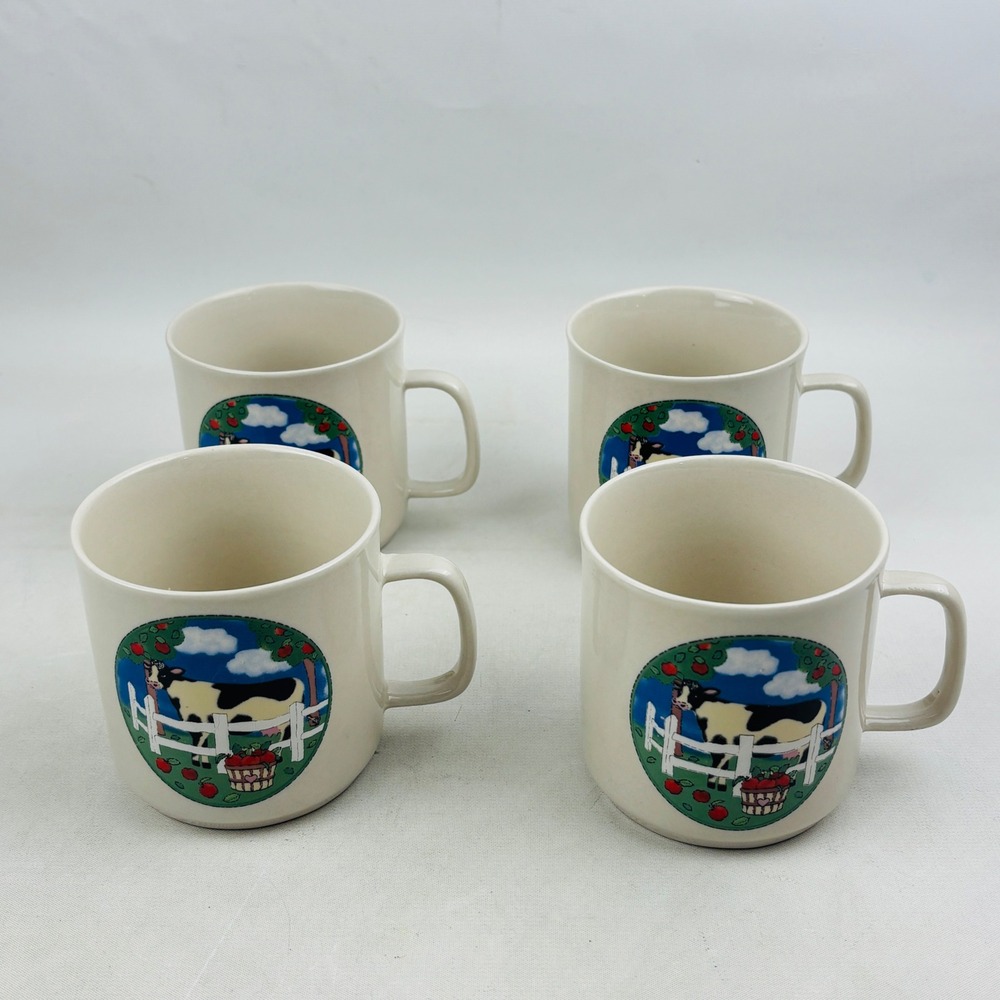 Gibson Barnyard Coffee Mug Set of 4 Cow Heart Check Apple Country Discontinued
